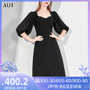 aui黑色名媛气质灯笼袖连衣裙，女2023夏季高腰修身显瘦中长裙