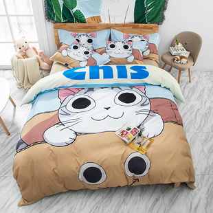 卡通可爱猫咪印图床上用品印花四件套1.5米床笠款床单被罩三件套