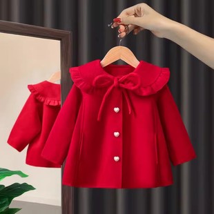 童装女童韩版秋冬毛呢外套，2024红色呢子，宝宝冬季儿童过年大衣