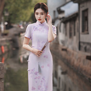 紫色绿色仿醋酸气质淑女旗袍2024夏季连衣裙年轻长款高端优雅