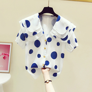 2024夏装韩版时尚娃娃领短袖蓝色波点衬衫女休闲洋气衬衣上衣