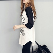 韩国版型设计纯棉宽松长款春夏休闲插肩袖短袖中袖半袖T恤衫女装
