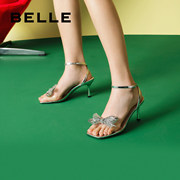 百丽高跟鞋凉鞋女夏季一字带女鞋商场透明气质水晶凉鞋Y2D1DBL2