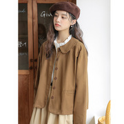 森女文艺日系学院风娃娃领棕色长袖开衫外套小个子减龄短款风衣女