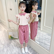 女童套装短袖纯棉麻休闲洋气2023韩版中大童两件套夏装花边袖