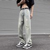 黄泥色(黄泥色)星星牛仔裤，男夏季潮牌美式高街嘻哈，设计感宽松直筒休闲长裤