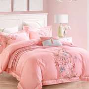 中式床品 纯棉四件套白色粉色床单式4件套刺绣被套高档床上用
