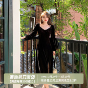 岛歌夫人赫本风黑色丝绒连衣裙女春秋季高端长袖修身性感小黑裙子