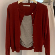 美式复古酒红色针织开衫，女2023秋冬季设计感别致小众毛衣外套