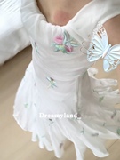 白色刺绣鱼尾连衣裙法式复古无袖，背心吊带裙新中式长裙