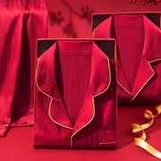 高档大红色情侣睡衣套装长袖长裤，结婚礼物送新人，喜庆礼盒新婚实用