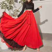大裙摆720度双层双色两面穿雪纺长裙红色维族新疆舞广场跳舞裙