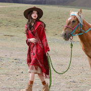 拍照好美~红色旅游围巾，青海西藏沙漠民族风仿羊绒，保暖披肩女斗篷