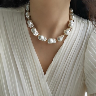 欧美小众复古玻璃巴洛克珍珠，项链百搭不规则夸张异形简约锁骨链