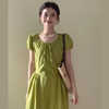 法式复古短袖连衣裙女夏收，腰小个子显瘦中长裙子绿色棉质度假