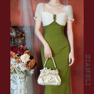 巷里法式复古连衣裙夏季宫廷，赫本绿色拼接短袖显瘦气质小礼服长裙