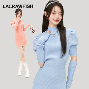 lacrawfish韩系新年会战袍加厚修身灯笼袖高领针织显瘦连衣裙女