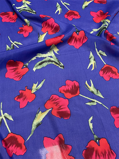宝蓝色玫瑰印花真丝，双绉面料复古港风夏季衬衫，连衣裙桑蚕丝布料