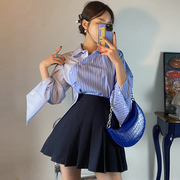 韩国chic小众翻领斜边单排扣长袖条纹衬衫+高腰百褶半身裙短裙女