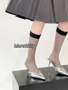 Marc&kily袜子女春夏丝袜个性小腿袜薄款亮丝波点显瘦美腿中筒袜
