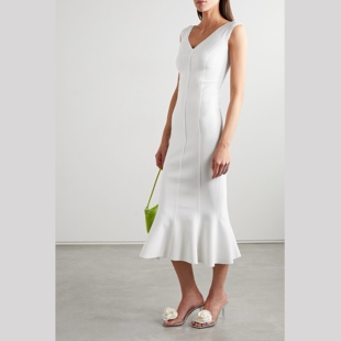 未来复古纽约设计师nkgrace白色，修身弹力v领鱼尾裙连衣裙礼服