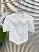 韩国东大门2024夏韩版木耳边娃娃领短款短袖衬衫，女休闲上衣潮