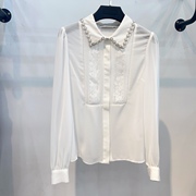春夏白色钉珠翻领雪纺，衬衣长袖微透蕾丝，百搭通勤珍珠装饰衬衫