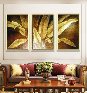 手绘有框客厅，油画装饰画抽象画东南亚泰式芭蕉叶，玄关、背景墙