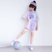 儿童运动装2022韩版女童短袖短裤套装扎染字母T恤大童两件套