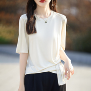夏季醋酸短袖t桖女圆领缎面，宽松纯色下摆褶皱高级垂感丝滑半袖衫