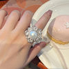 高端奢华镶钻夸张大珍珠戒指，女法式复古满钻花朵贝珠食指戒子气质