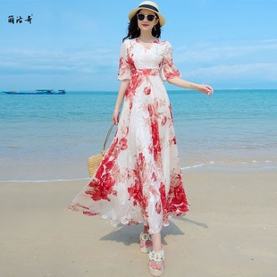 白色连衣裙法式长款女夏显瘦大摆沙滩，裙海边度假仙女雪纺长裙