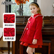 女童红色毛呢夹棉外套，冬季2023儿童洋气中长款小女孩呢子大衣