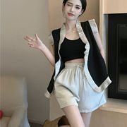 韩系风格穿搭两件套装女2024年夏季时尚气质马甲高腰阔腿短裤