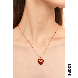 loopsshop新年红爱心吊坠，项链小众气质珐琅立体彩釉饰品女