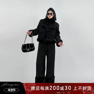 吴童童(吴童童)黑色短款麂皮绒，长袖皮衣毛毛外套，女冬季韩系加厚保暖上衣
