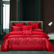 婚庆四件套大红床上用品结婚被套贡缎刺绣蕾丝婚房喜事床品八件套