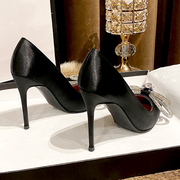 黑色高跟鞋女2022mach设计感蝴蝶结水钻绸缎单鞋尖头细跟婚鞋