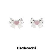 Esakoochi原创蝴蝶结爱心仿猫眼石耳钉小众设计气质甜美耳环