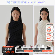 yuelxiang时尚立裁褶皱，半高领无袖，上衣修身女chenshop设计师品牌