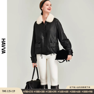 havva2023冬季黑色羽绒服，女短款小众时尚，pu皮衣外套y74570