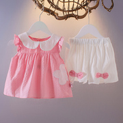 女童短袖套装3-5小童夏季薄款两件套婴儿童娃娃领衣服2岁宝宝夏装