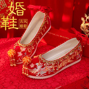 婚鞋秀禾鞋女中式内增高布鞋红色新娘鞋平底绣花鞋古风汉服鞋子