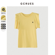 gcrues黄色t恤短款女宽松休闲2024年夏季泡泡袖别致小众上衣