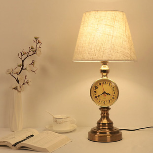 欧式复古台灯卧室床头房间美式简约装饰灯具灯饰古铜色带钟表台灯