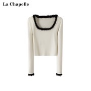 拉夏贝尔/La Chapelle撞色毛领长袖内搭打底针织衫女秋款上衣