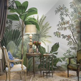东南亚热带雨林植物墙纸，绿色北欧叶子壁画卧室电视，背景墙壁纸无缝