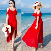 大红色雪纺沙滩裙女2021夏季大摆荷叶边海边度假吊带露背长裙