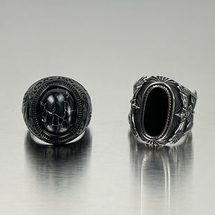 欧美雕花黑宝石玛瑙戒指，男潮牌霸气朋克风钛钢，指环男士食指戒复古