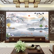 2022中式电视背景墙，瓷砖客厅沙发山水墨画，影视墙砖家和万事兴